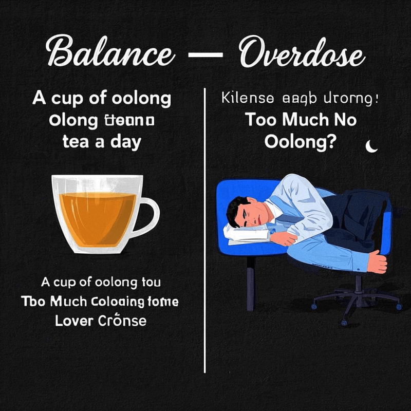 A split-screen comparison showing the contrast between balanced oolong tea consumption and overuse, with captions "Balance" and "Overdose," highlighting potential oolong tea side effects like insomnia and caffeine overload.