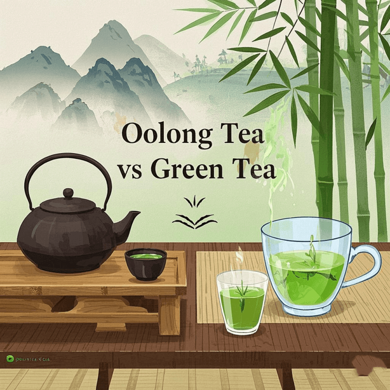 A side-by-side comparison of oolong tea versus green tea in glass cups—oolong tea appearing amber-colored with floral steam, while green tea displays a pale green hue with fresh leaves—highlighting the visual and flavor differences between the two popular teas.