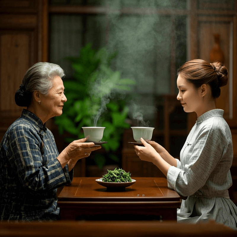 Traditional tea brewing showing oolong tea versus green tea being steeped in separate teapots—oolong tea leaves unfolding with roasted tones, while green tea leaves release a bright green infusion—capturing the brewing contrast between the two.