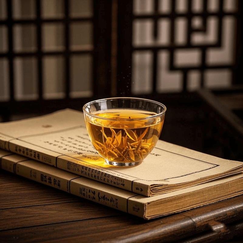 A serene tea scene with a clear glass cup of golden oolong tea on a wooden desk, its golden hue glowing under soft lighting, beside classic tea culture books and traditional Chinese lattice windows—symbolizing the calm, premium lifestyle associated with golden oolong tea.