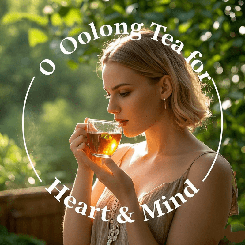 A woman enjoying a cup of oolong tea in the morning sunlight with the words 'Oolong Tea for Heart & Mind' in the background, representing relaxation and the health properties of oolong tea for cardiovascular and mental well-being