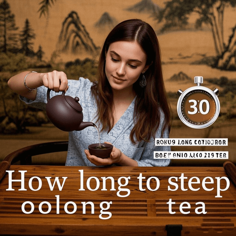 A traditional tea master using a Yixing clay teapot to brew oolong tea, with a visible timer set to 30 seconds and tea leaves unfolding gracefully—demonstrating expert control over how long to steep oolong tea using the gongfu method