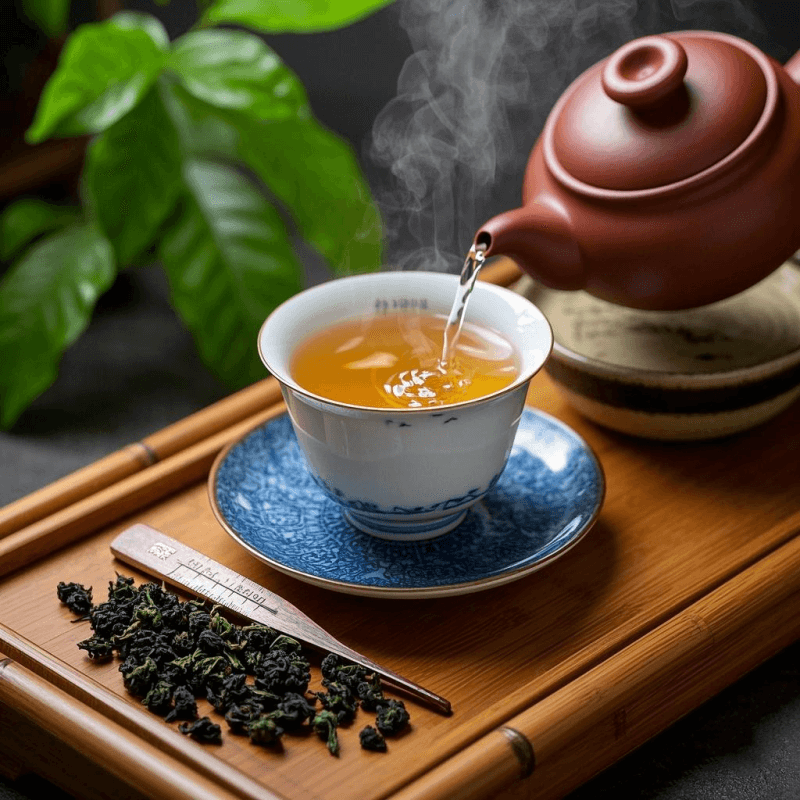 A traditional Chinese tea setup showing how to make oolong tea using a porcelain gaiwan, Yixing clay teapot, and bamboo tray. Loose leaf oolong tea is ready for brewing, with a thermometer reading 185°F and steam rising gently, capturing the authentic gongfu tea ceremony experience.