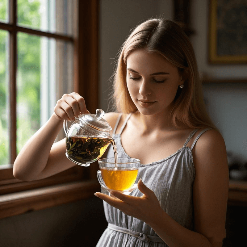 A tea enthusiast demonstrating how to make oolong tea by steeping leaves in a porcelain gaiwan and pouring the golden tea liquor into small tasting cups. The scene highlights the unfolding tea leaves, soft steam, and a calm, meditative environment ideal for mindful tea preparation.