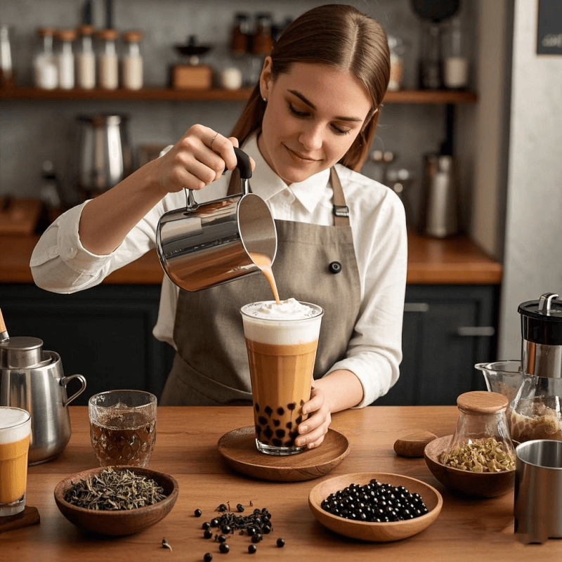 A barista prepares a trendy oolong tea drink with brown sugar boba, steamed milk, and roasted oolong tea in a modern café setting, surrounded by ingredients like tapioca pearls, cheese foam, and a milk frother — perfect for showcasing creative oolong tea drinks