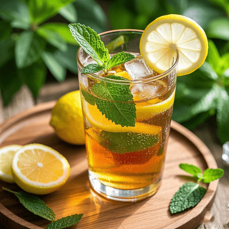 A refreshing iced oolong tea drink served in a tall glass with fresh lemon slices, mint leaves, and ice cubes, styled on a wooden tray with summer fruits — highlighting the fresh and vibrant appeal of oolong tea drinks.