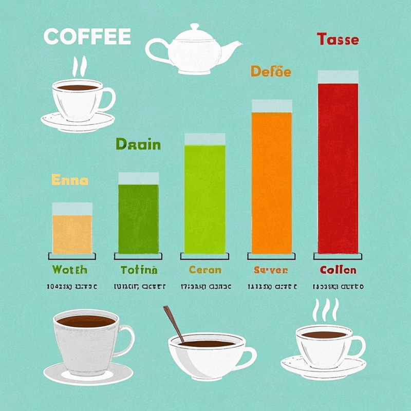 A visual comparison chart showing the amount of caffeine in oolong tea versus green tea, black tea, coffee, and energy drinks, highlighting oolong tea’s moderate caffeine content and smooth energy release
