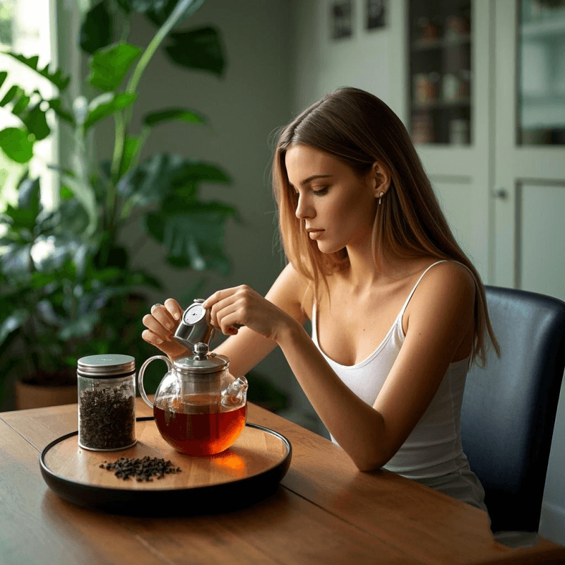 A modern wellness scene with a person enjoying a cup of oolong tea in a sunlit kitchen, featuring tea tools and a thermometer to manage the amount of caffeine in oolong tea through precise steeping.