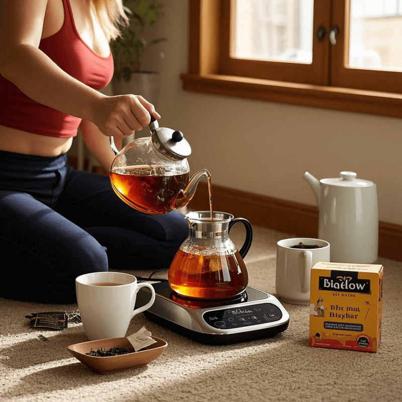 A cozy home brewing setup showing a ceramic teapot and a cup of freshly steeped Bigelow Oolong Tea on a wooden table, with steam rising and packaging of Bigelow Oolong Tea in the background.