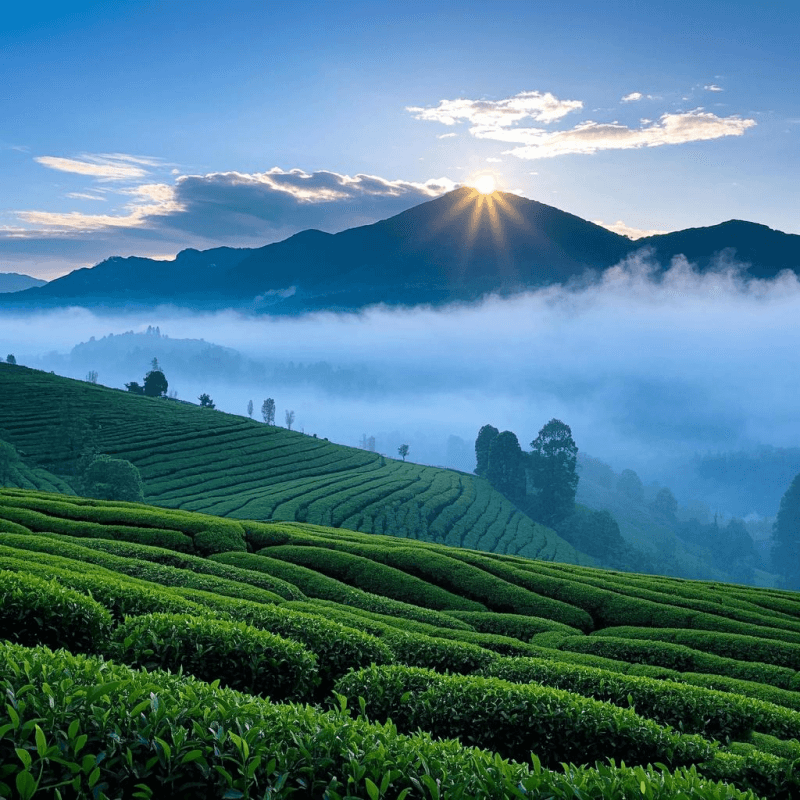 A misty high-mountain tea plantation in Taiwan, where Blue Oolong Tea is cultivated. Rows of lush green tea bushes bask in early morning sunlight, representing the natural origin and artisanal quality of Blue Oolong Tea