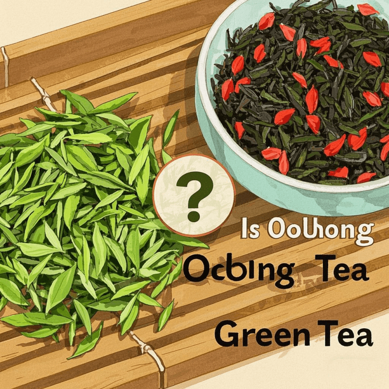 A visual comparison of dry oolong tea leaves and green tea leaves side by side on a bamboo tray, highlighting differences in color and shape to address the common question: is oolong tea green tea.