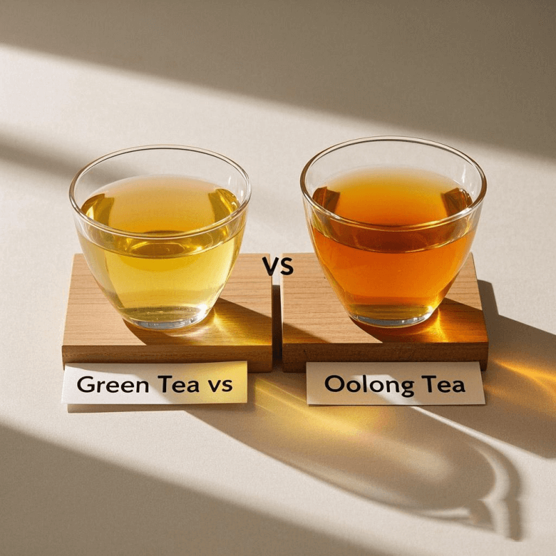 A side-by-side comparison of brewed oolong tea and green tea in glass cups, showcasing the golden hue of oolong tea and the pale yellow of green tea to visually explore whether oolong tea is green tea