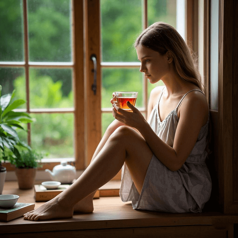 A young woman in cozy loungewear enjoying a warm cup of oolong tea by the window, surrounded by plants and books, symbolizing the daily health benefits of drinking oolong tea in a relaxing wellness routine.