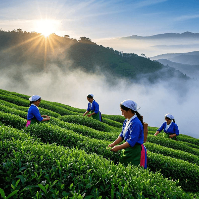 A mist-covered high-altitude tea plantation in Taiwan’s Alishan region, where workers handpick fresh leaves from lush green bushes—showcasing the unique growing environment of high mountain oolong tea.