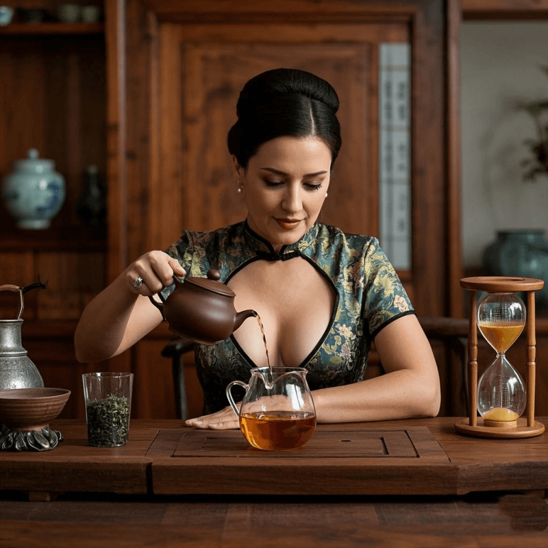 A traditional tea master brewing high mountain oolong tea using a Yixing clay teapot and porcelain cups on a wooden tea tray, with tea leaves gently unfurling in a glass pitcher—capturing the refined brewing ritual and craftsmanship behind this semi-oxidized tea.