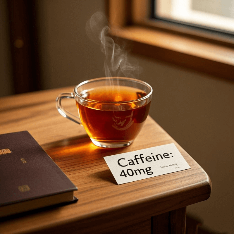 A warm cup of oolong tea on a sunlit desk with a note card displaying "Caffeine: 40mg", illustrating how much caffeine is in oolong tea for mindful daily consumption.