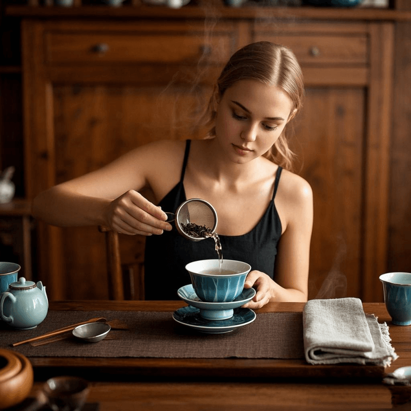 A skilled tea connoisseur demonstrates how to brew oolong tea using a traditional Chinese gaiwan set, with steam rising gently and classic teaware like a tea strainer and scoop arranged neatly on a wooden tea table.