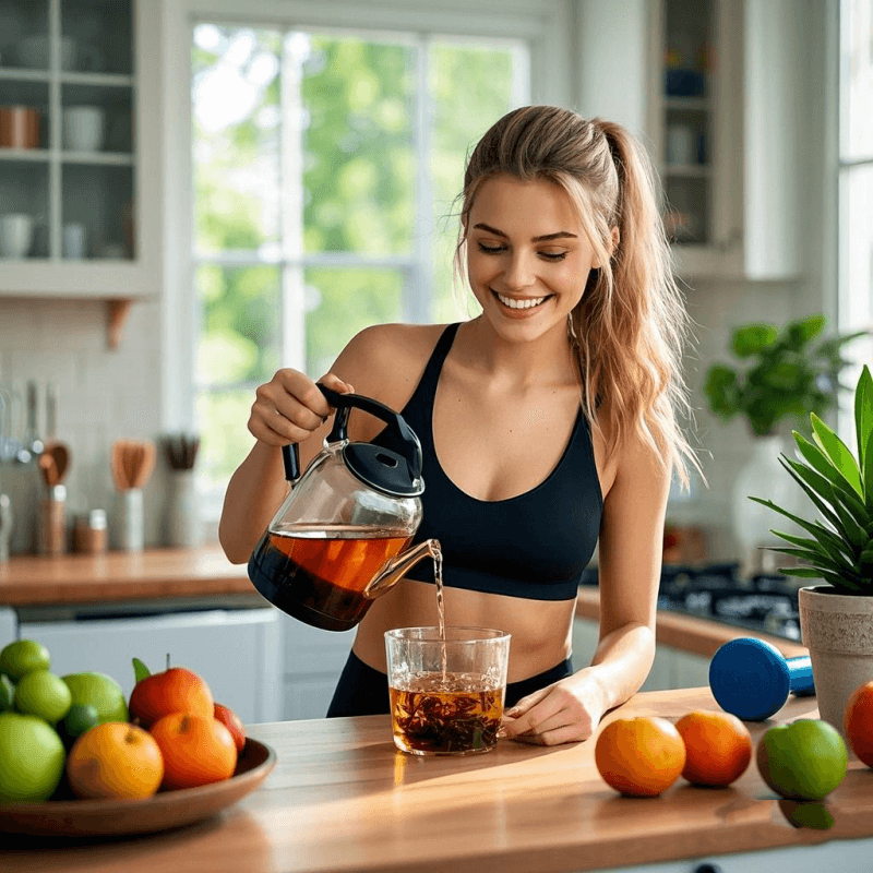 A young woman in activewear smiles while brewing oolong tea in a bright kitchen filled with fresh fruits and fitness gear, illustrating a healthy lifestyle supported by oolong tea for weight loss.