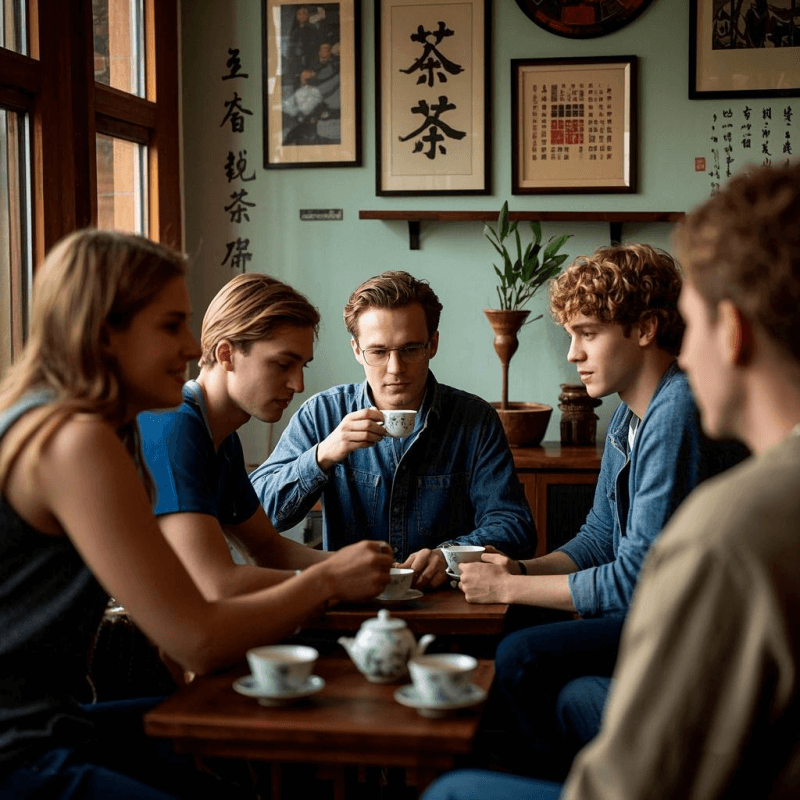 A modern teahouse scene where young adults are enjoying oolong tea, surrounded by decor reflecting tea heritage—illustrating how the oolong tea meaning resonates with today’s generation