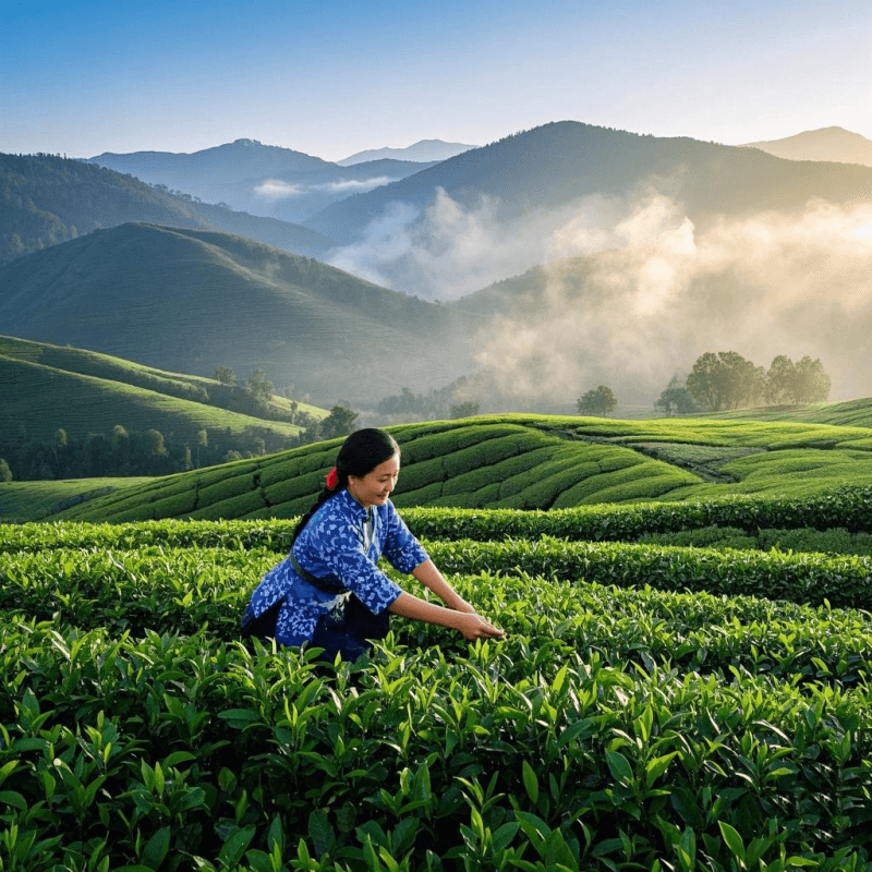A traditional tea farmer harvesting leaves in a misty Wuyi Mountain plantation, showcasing the cultural origins of oolong tea para qué sirve and its natural wellness roots.