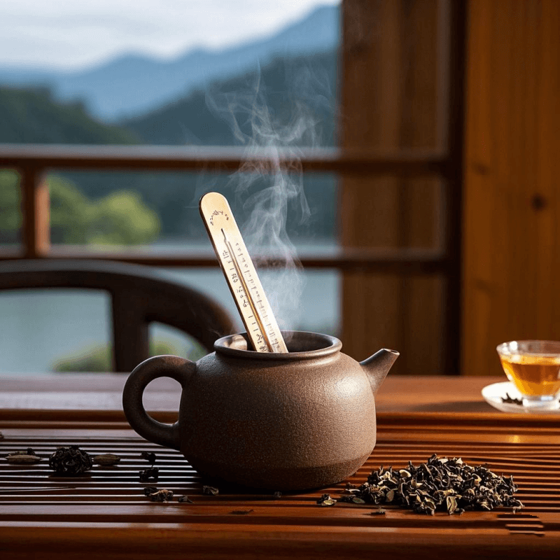 A traditional Chinese tea master measures oolong tea temperature using a thermometer in a clay teapot, surrounded by loose leaf oolong tea and classic teaware, highlighting the importance of precise temperature control for optimal health benefits.