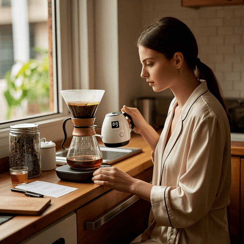 A young person brews oolong tea in a bright kitchen using an electric kettle set to 90°C, emphasizing accurate oolong tea temperature for daily health and wellness, with premium tea tools and natural morning light.
