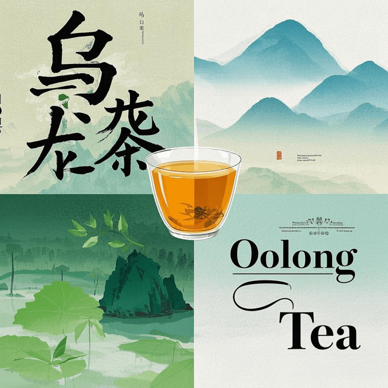 A conceptual illustration showing the cultural bridge of oolong tea translation, featuring Chinese calligraphy of “乌龙茶” on one side and modern English “Oolong Tea” branding on the other, united by a shared cup of tea.