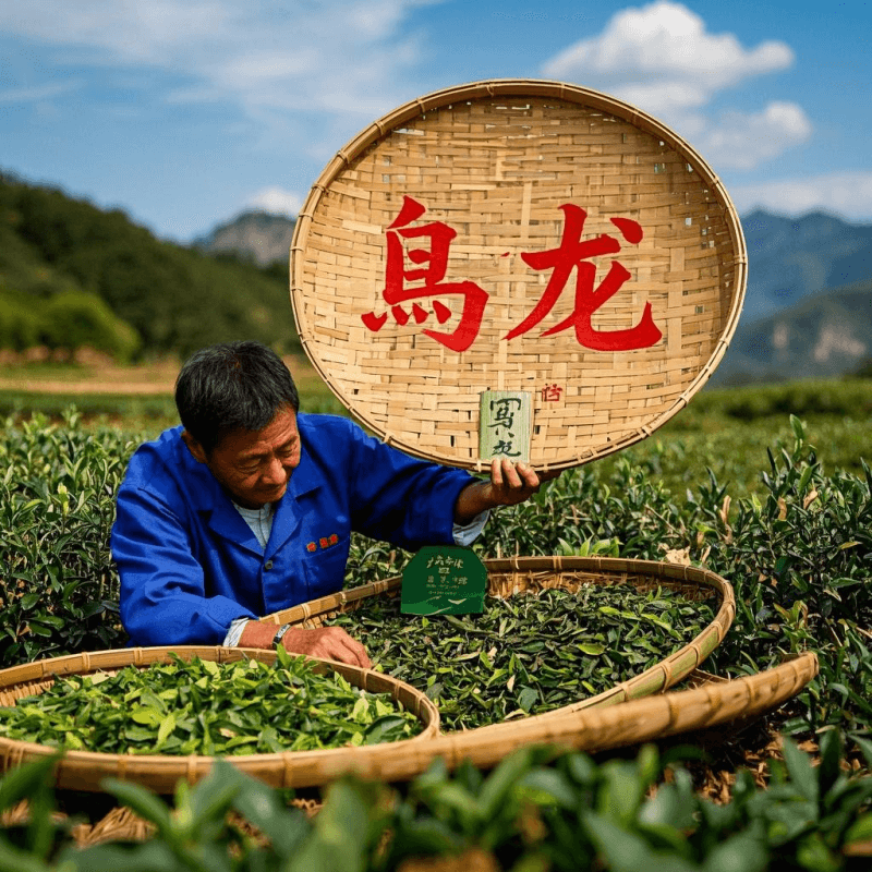 A traditional Chinese tea farmer drying leaves under the sun in a scenic Wuyi Mountain tea field, with the characters “乌龙” (wū lóng) displayed on a bamboo sign—capturing the cultural roots and historical etymology of oolong tea translation.