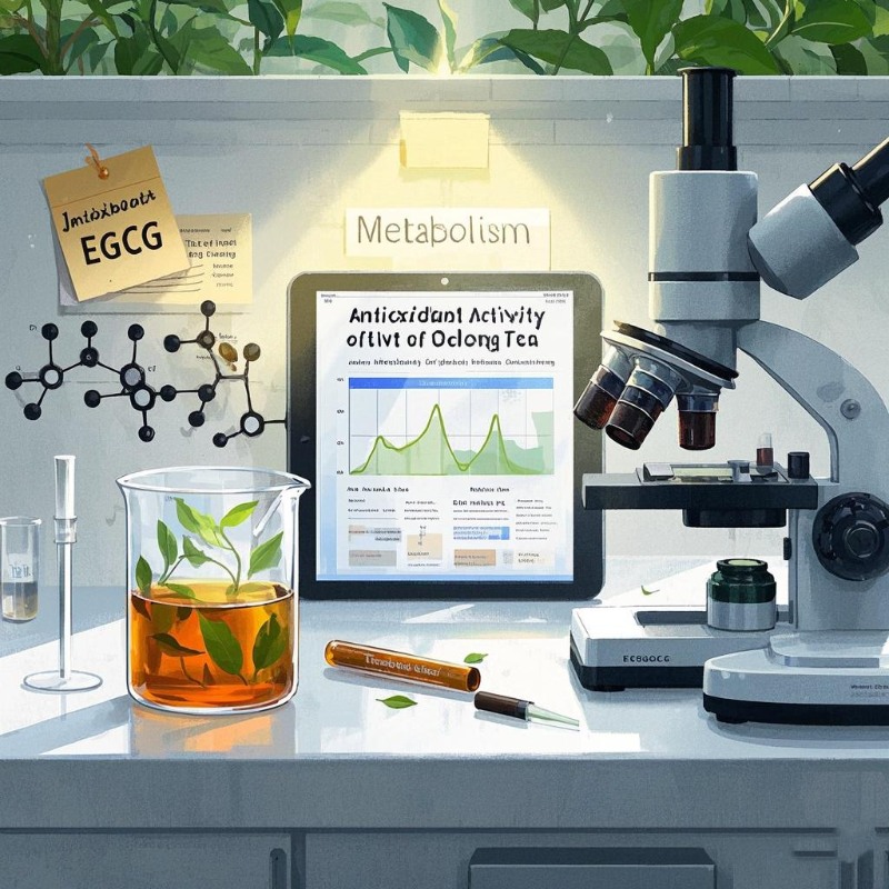 A laboratory scene studying the Health Benefits of Oolong Tea, featuring test tubes of tea, a microscope, and a molecular model of tea polyphenols