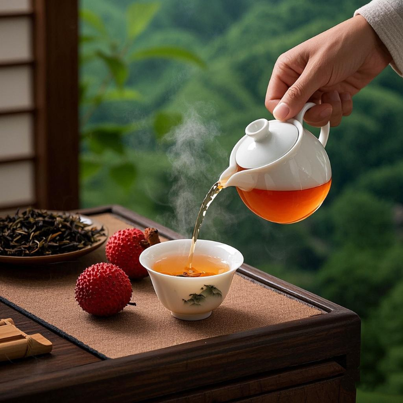 A traditional tea ceremony showcasing Oolong Tea Varieties like Dongfang Meiren, with amber tea being poured into cups and lychee snacks beside the teaware