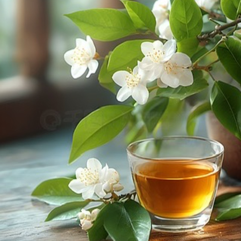 A glass cup of jasmine tea placed beside fresh jasmine blossoms, visually illustrating the natural appeal while raising awareness about potential jasmine tea side effects for sensitive individuals.
