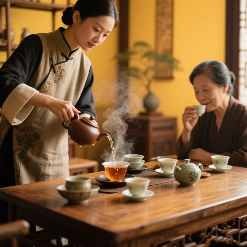 In an elegant tea room, a tea master is brewing oolong tea using the Gongfu tea method, and a tea - taster is gently smelling the captivating aroma of oolong tea.