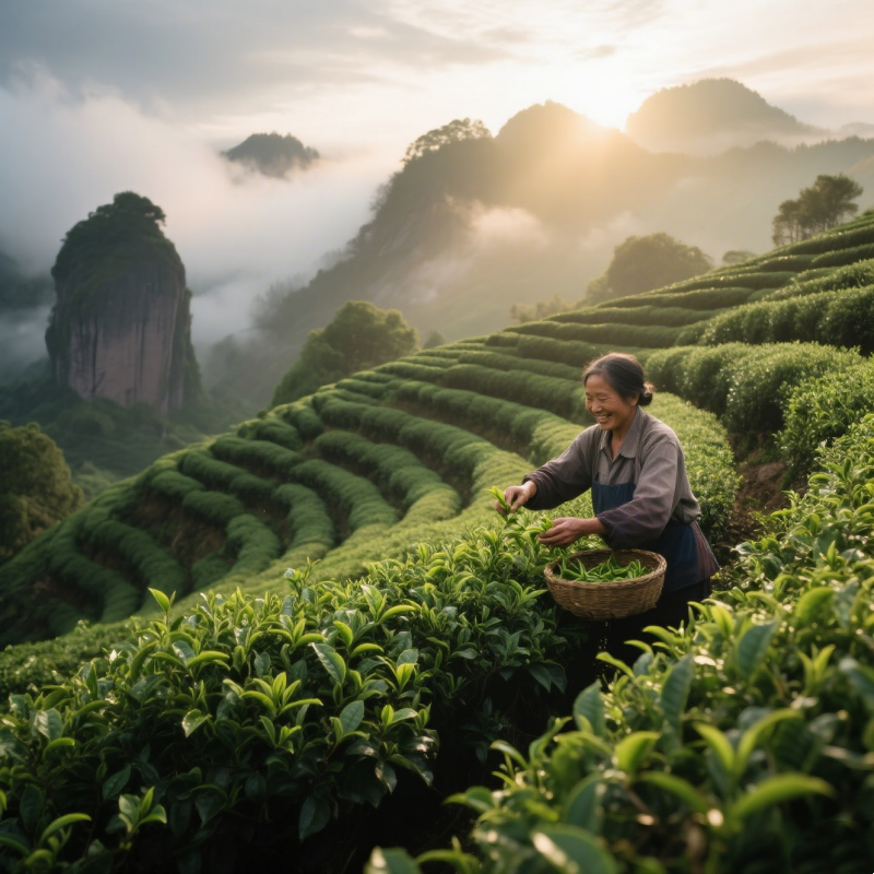 A mist - covered oolong tea garden in Wuyi Mountain, Fujian, where tea farmers are picking tea leaves, and the air is filled with the delightful aroma of oolong tea.