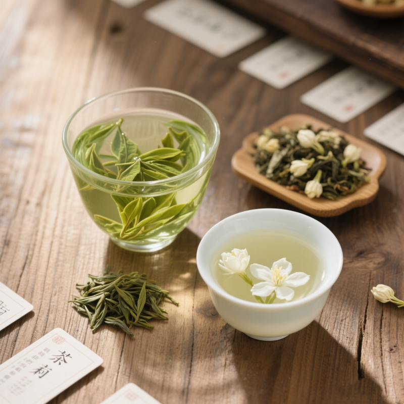 A side-by-side comparison of jasmine tea vs green tea, featuring a glass of vibrant green tea with loose leaves alongside a jasmine tea cup floating with white blossoms. Wooden background displays tea knowledge cards, ideal for highlighting flavor and visual differences in tea selection.