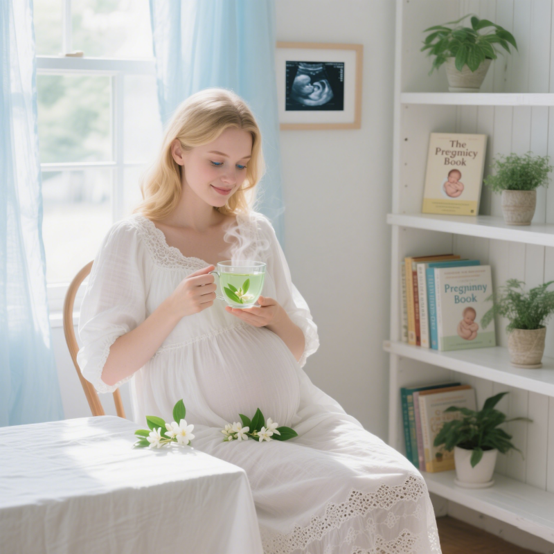 A beautiful, elegant and charming white pregnant woman, enjoying jasmine tea during pregnancy at the sun - lit window, surrounded by pregnancy nutrition books and a baby's ultrasound photo in the backdrop.