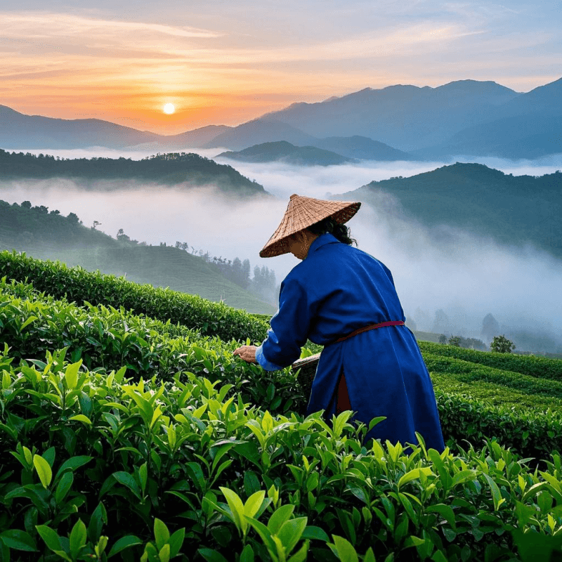 A tea farmer hand-picking leaves in a misty Alishan mountain tea garden at dawn, illustrating what type of tea is oolong—an artisan-crafted semi-fermented tea rooted in traditional Chinese culture.
