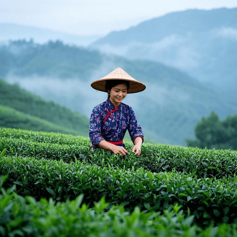 Traditional tea farmers handpicking leaves in a misty high-mountain tea garden in Taiwan, highlighting authentic origins and helping consumers decide where to buy oolong tea that’s truly fresh.