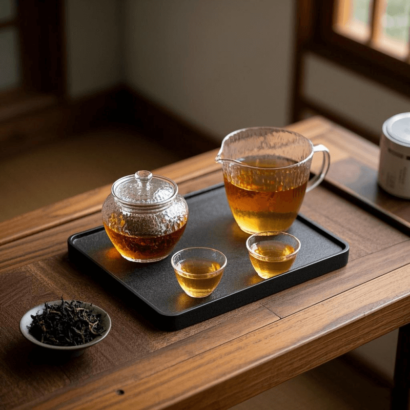 A cozy home tea setup featuring freshly brewed oolong tea, premium tea leaves, and labeled packaging—perfect for those exploring where to buy oolong tea for everyday enjoyment and great value.