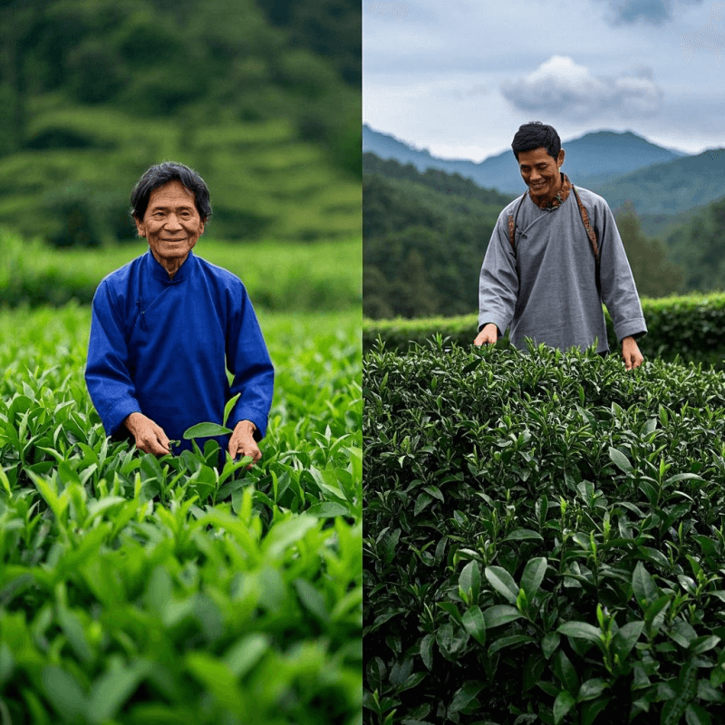 A visual comparison of tea farms in China, showing a green tea plantation with light-colored young leaves on the left and a high mountain oolong tea farm with darker, twisted leaves on the right—illustrating the key visual differences that answer the question, is oolong green tea.