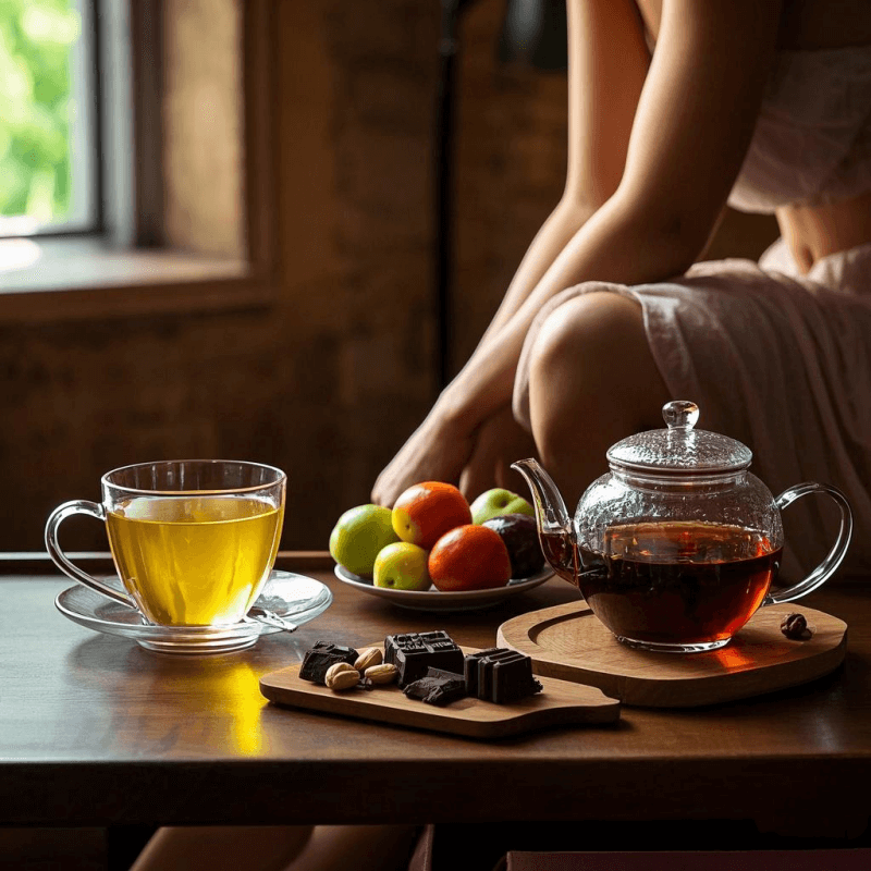 A cozy tabletop tea scene comparing two brews: a glass cup of bright green tea with citrus fruit on one side and a clay teapot of dark amber oolong tea with nuts and dark chocolate on the other—visually exploring the flavor contrast and clarifying is oolong green tea.