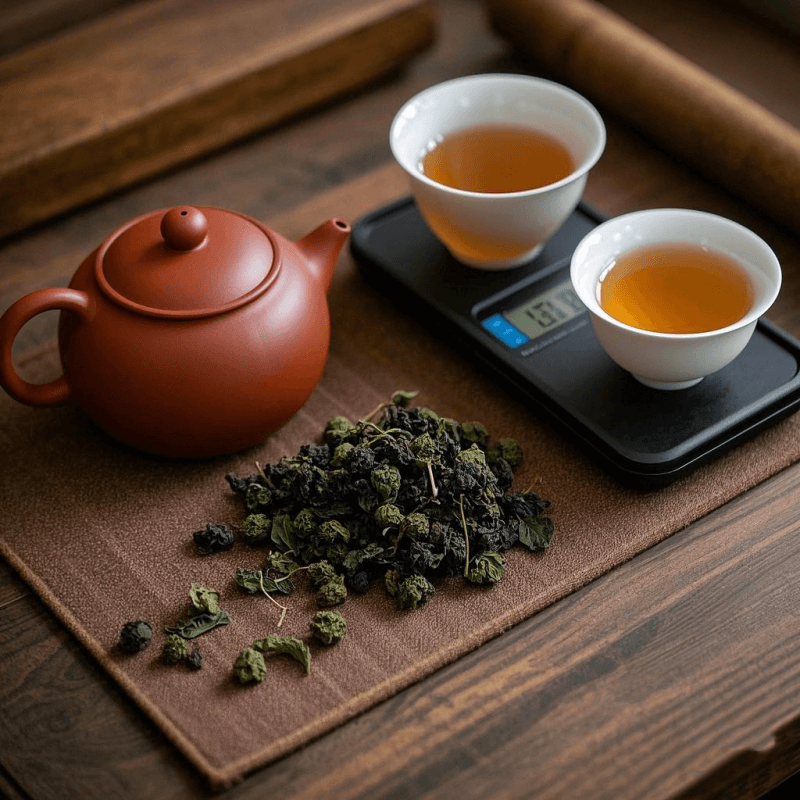 A serene Chinese tea setup showing essential tools for how to prepare oolong tea, including a porcelain gaiwan, a Yixing clay teapot, a glass fairness cup, a digital tea scale, and various dry oolong tea leaves like Tie Guan Yin and Dan Cong
