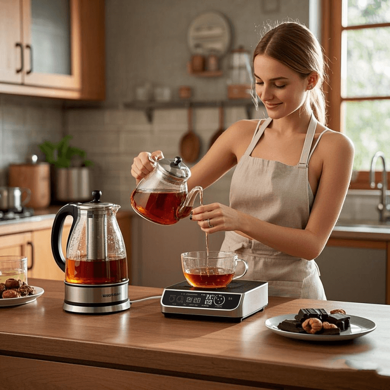 A modern kitchen scene demonstrating how to prepare oolong tea using a glass teapot, variable temperature kettle, and timer, with clear tea liquor and food pairings like dark chocolate and roasted nuts on the side