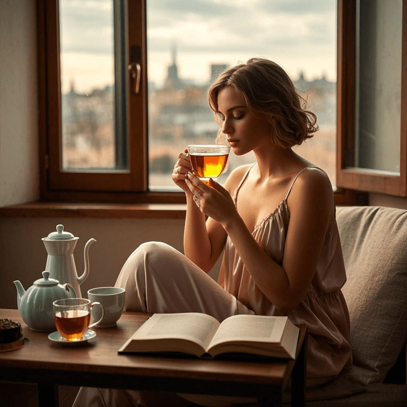 A peaceful morning tea moment illustrating a young woman sipping oolong tea by the window, symbolizing balanced energy and calm — answering the question: is there caffeine in oolong tea?