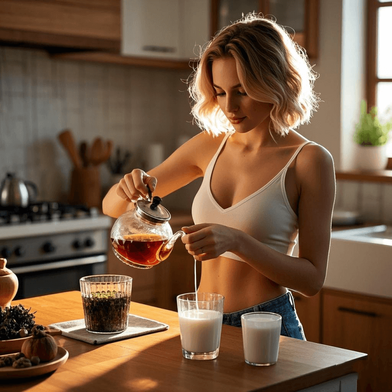 A cozy morning kitchen scene showing a person brewing oolong tea and milk side by side, highlighting the warm harmony of flavor and wellness in this creamy tea pairing.
