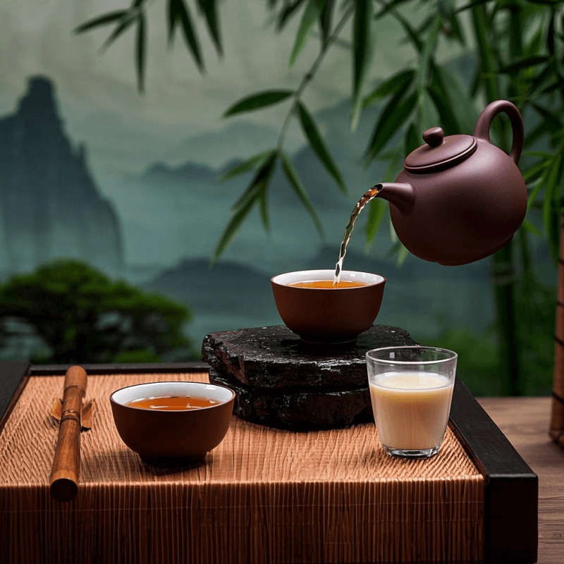 A traditional Chinese tea setup featuring oolong tea and milk on a bamboo tea tray, emphasizing the cultural elegance and flavor balance of this East-meets-West tea ritual.