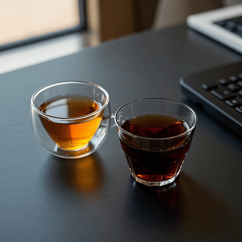 Visual comparison of oolong tea caffeine vs coffee showing calm energy vs intense stimulation in a peaceful and busy setting.