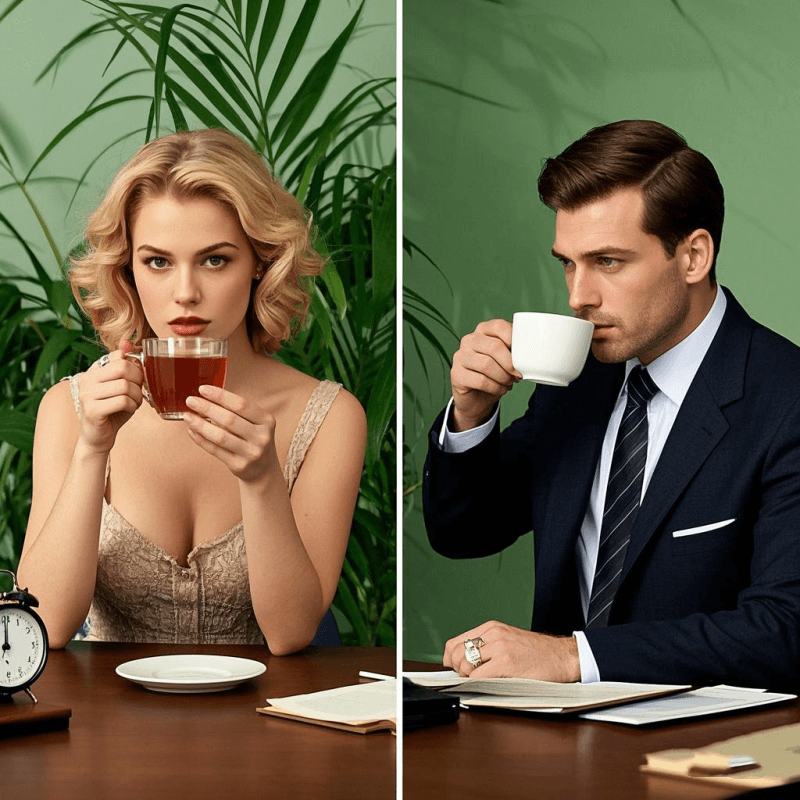 Side-by-side image of a relaxed person drinking oolong tea and a stressed person drinking coffee, highlighting caffeine effects on the body.