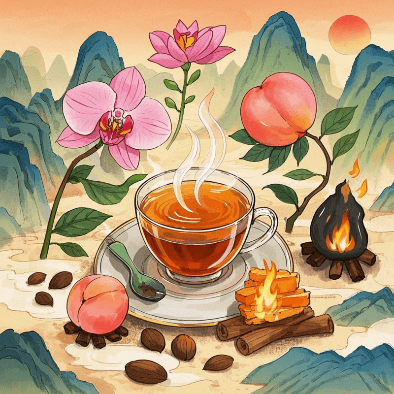 An artistic illustration visualizing the aroma of China oolong tea, with orchid, peach, and roasted wood scents rising from a steaming teacup, symbolizing Tie Guan Yin, Da Hong Pao, and Dan Cong aromas