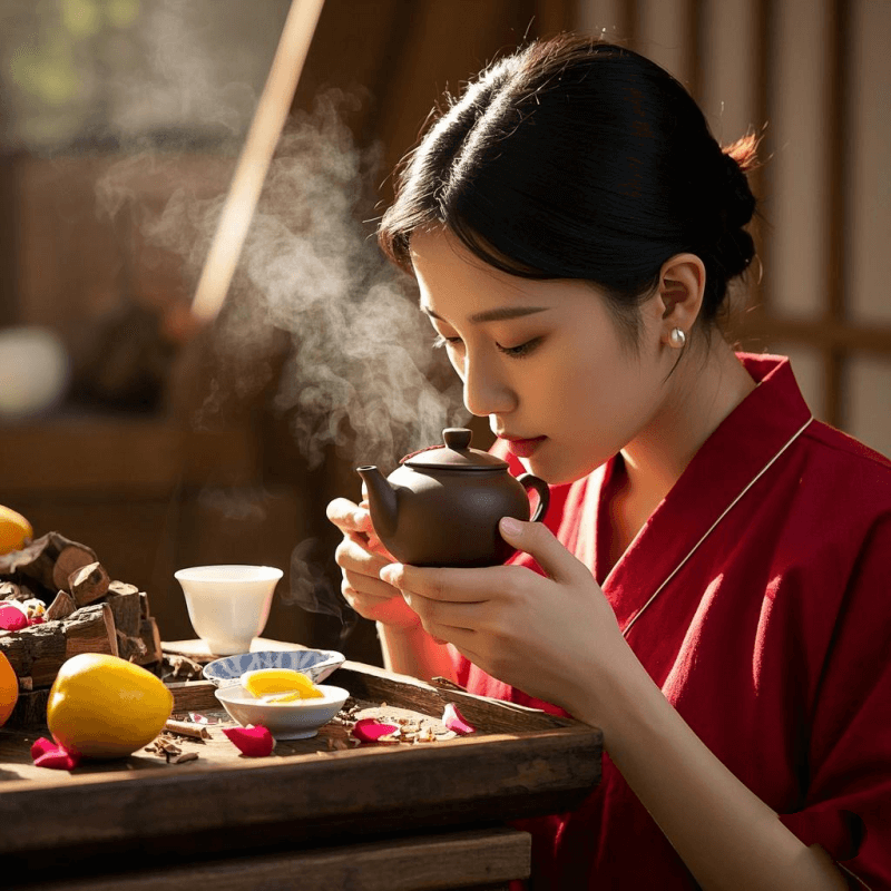 Traditional Chinese tea master appreciating the aroma of Tie Guan Yin oolong tea using a gaiwan, with rising steam symbolizing floral and honey notes
