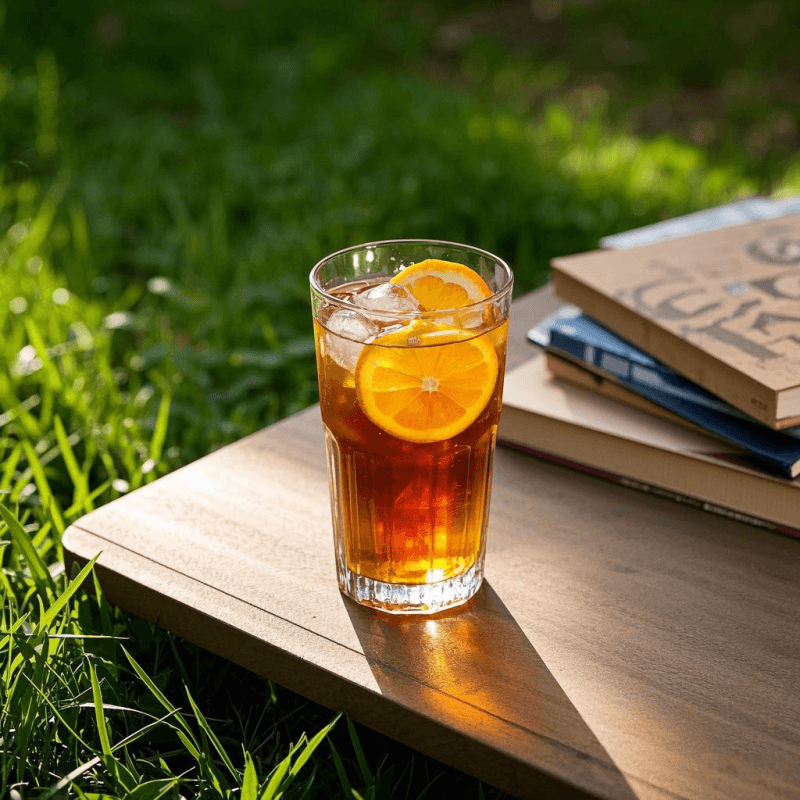 Glass of iced oolong tea with citrus slices, blending summer and winter scenes to showcase year-round refreshment and versatility